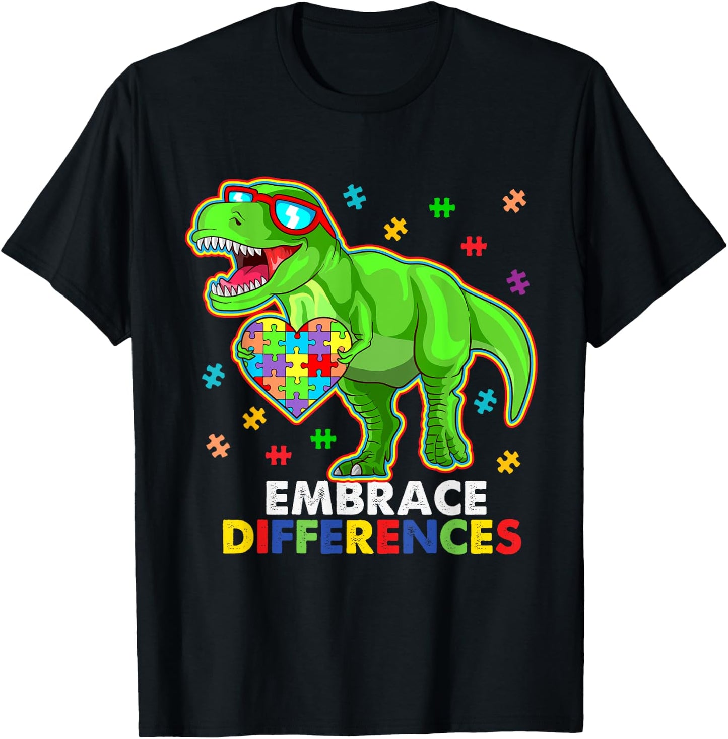 Embrace Differences- Autism Awareness Dinosaur Puzzle Piece T-Shirt - T-Shirt | Black