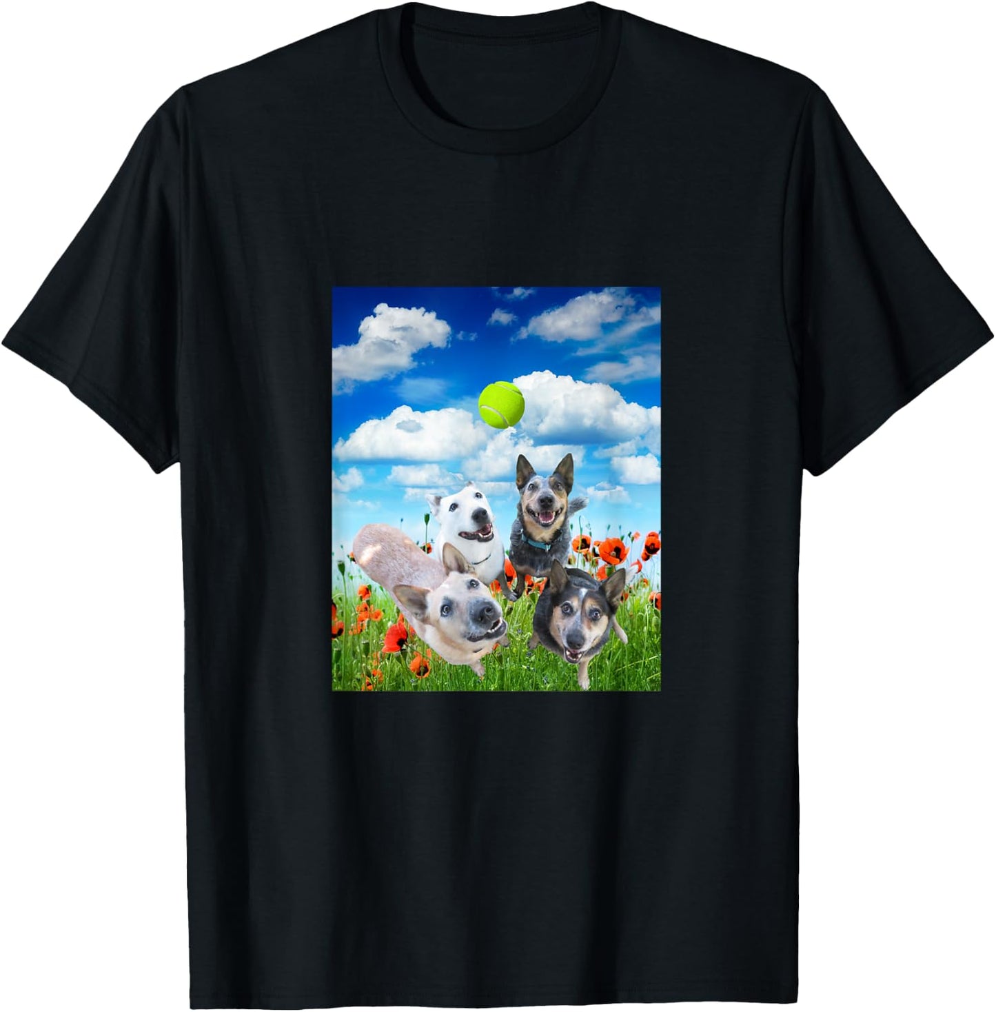 Blue Red White Heeler Cattle Dogs Playing Ball T-Shirt - T-Shirt | Black