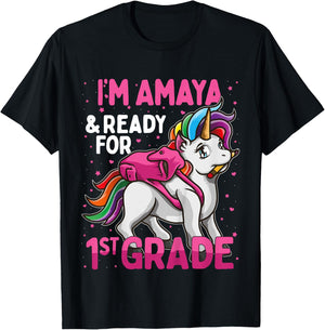 Kids 1st Grader Unicorn I'm Amaya And Ready For First Grade T-Shirt - T-Shirt | Black