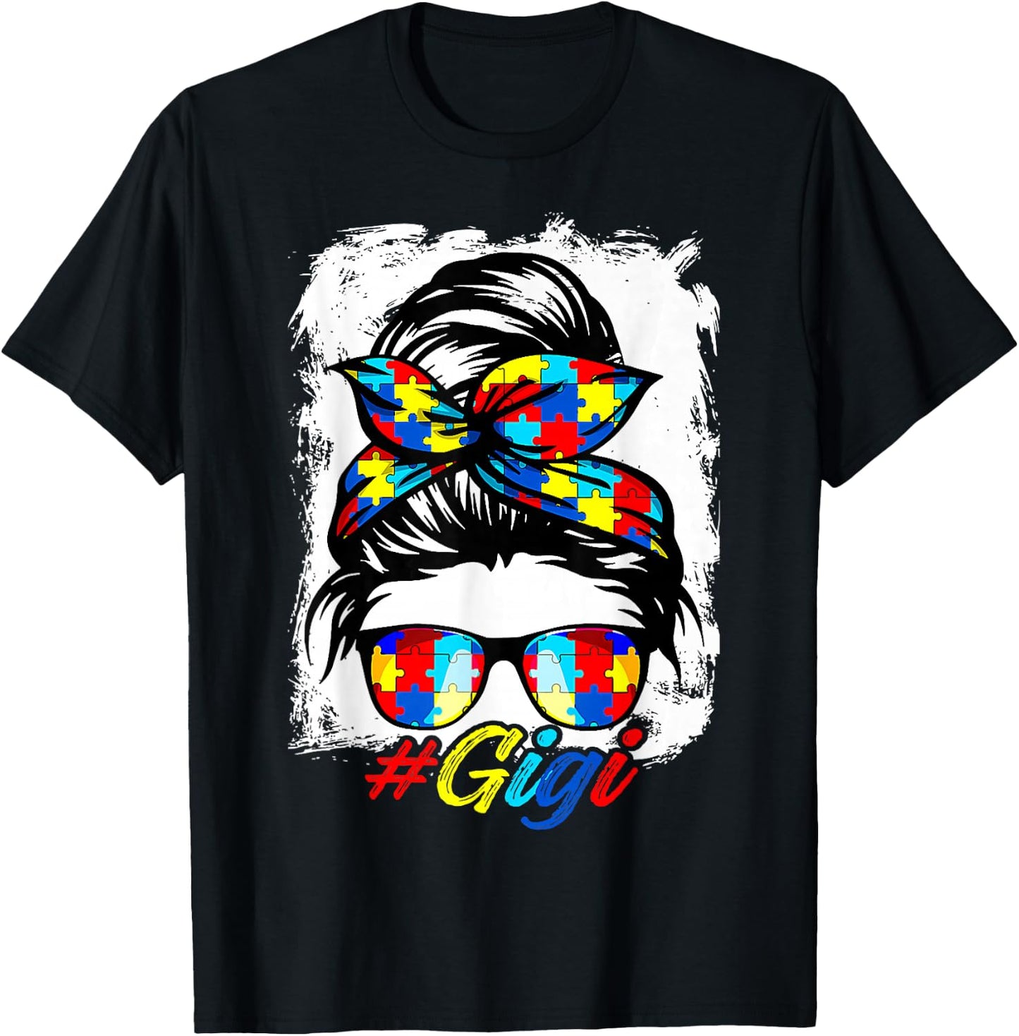 Messy Bun Bandana Gigi Ladies Girls Women Autism Awareness T-Shirt - T-Shirt | Black