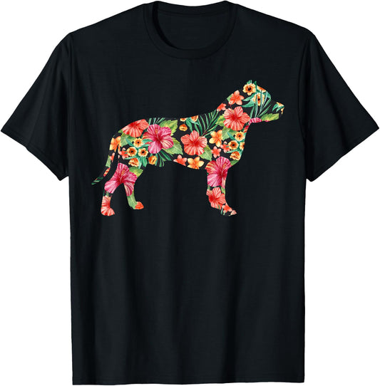 Pit Bull Flower Funny Dog Silhouette Floral Gifts Women Men T-Shirt - T-Shirt | Black