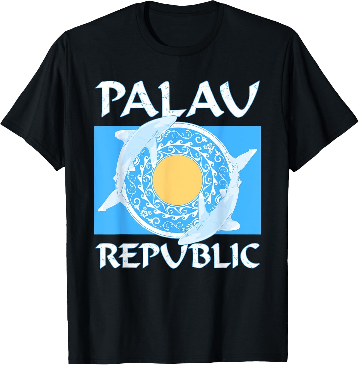 Oceanic Whitetip Sharks on Palauan Flag of Palau T-Shirt - T-Shirt | Black