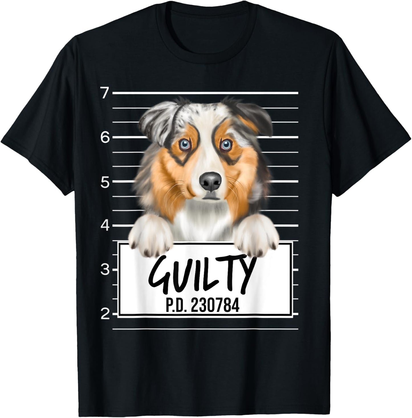 Funny Australian Shepherd Mugshot Guilty Dog Men Women Kids T-Shirt - T-Shirt | Black