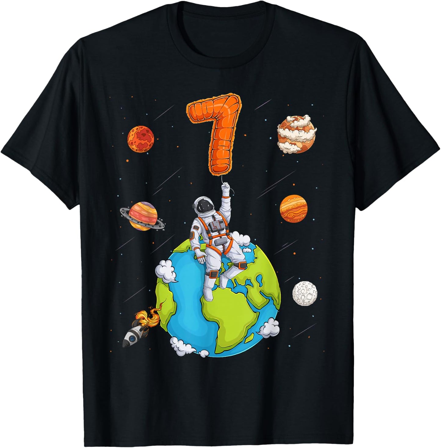 Astronaut Planets Space 7 Seven Years Old 7th Birthday Boys T-Shirt - T-Shirt | Black