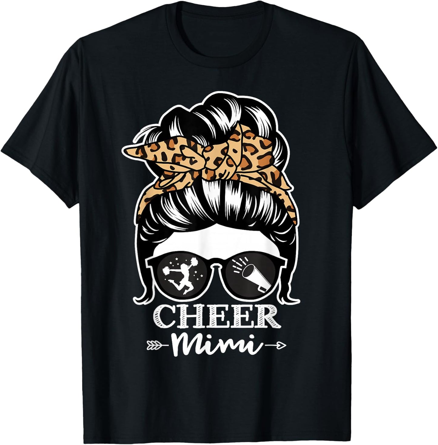 Cheer Mimi Messy Bun Hair Funny Cheerleader Mimi Leopard T-Shirt - T-Shirt | Black
