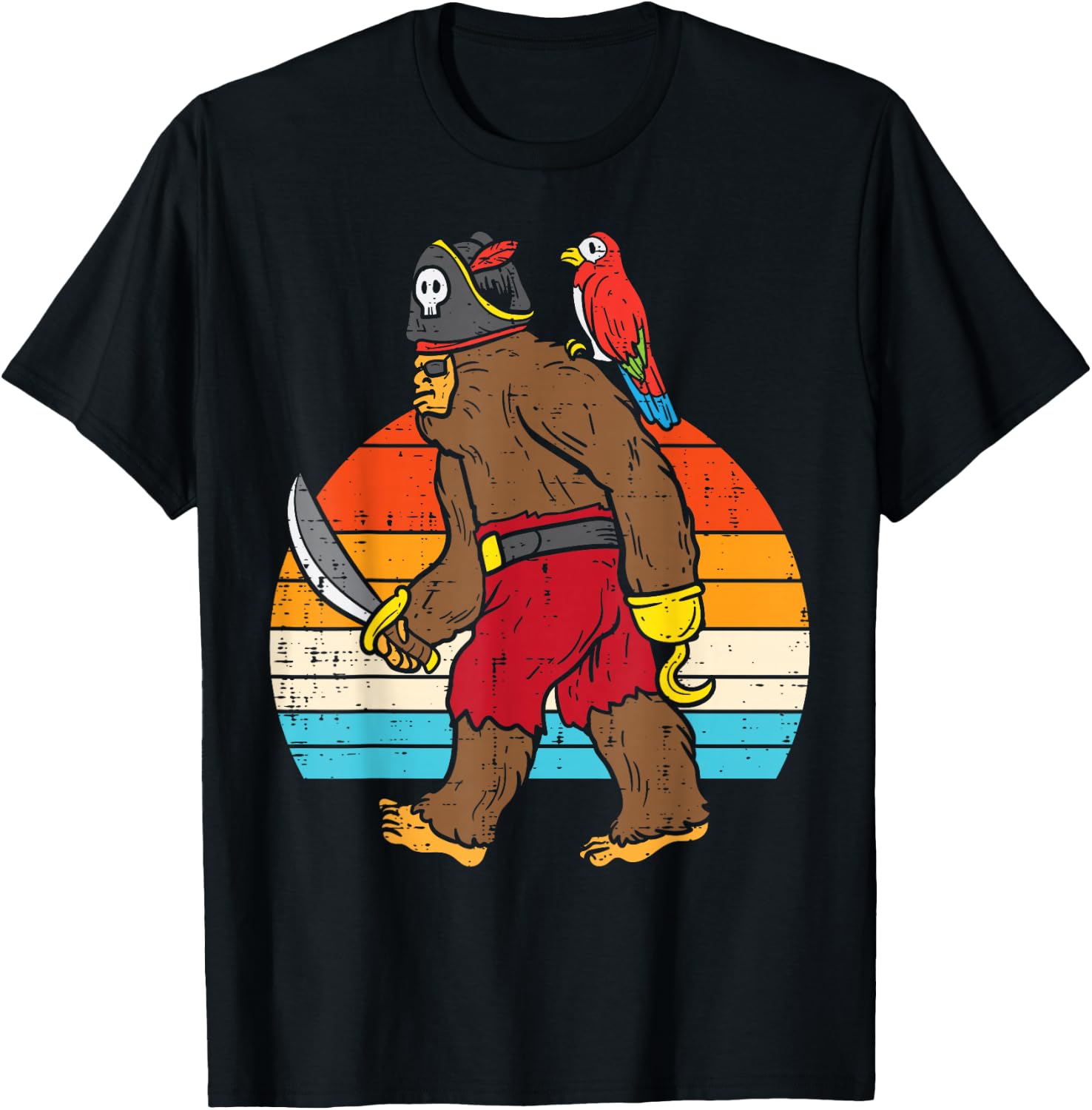 Bigfoot Sasquatch Pirate Parrot Retro Halloween Men Boys T-Shirt - T-Shirt | Black