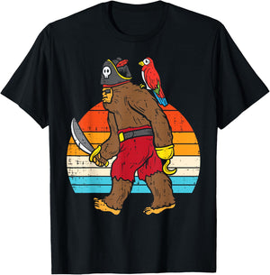 Bigfoot Sasquatch Pirate Parrot Retro Halloween Men Boys T-Shirt - T-Shirt | Black