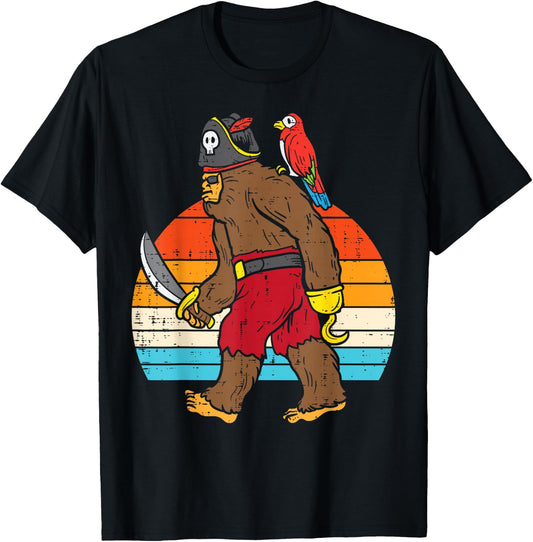Bigfoot Sasquatch Pirate Parrot Retro Halloween Men Boys T-Shirt - T-Shirt | Black