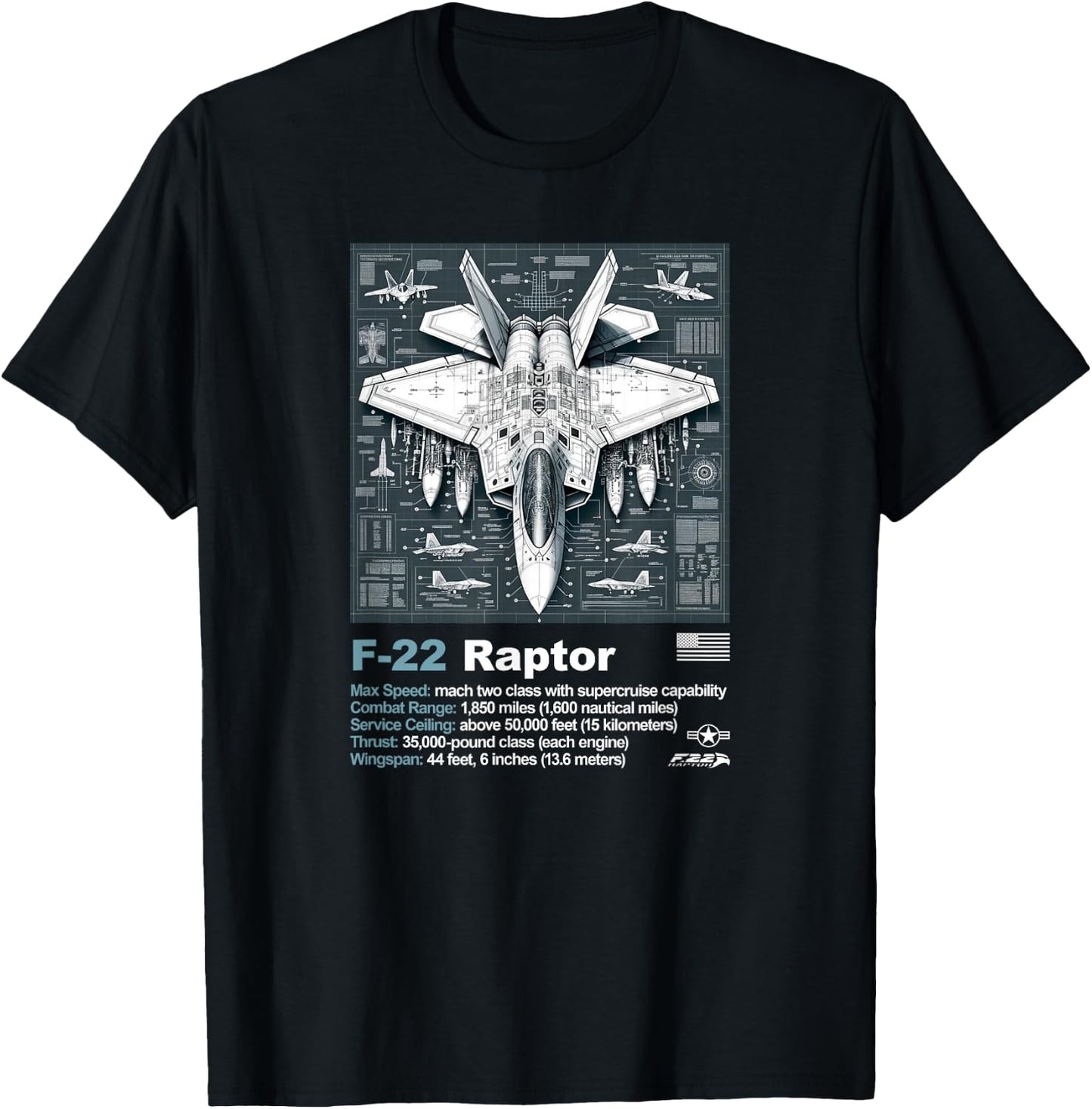 F-22 Raptor Blueprint Technical Schematic - Aviation Art T-Shirt - T-Shirt | Black