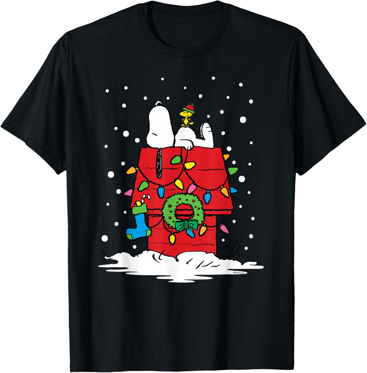 Peanuts Holiday Snoopy and Woodstock Stocking T-Shirt - T-Shirt | Black
