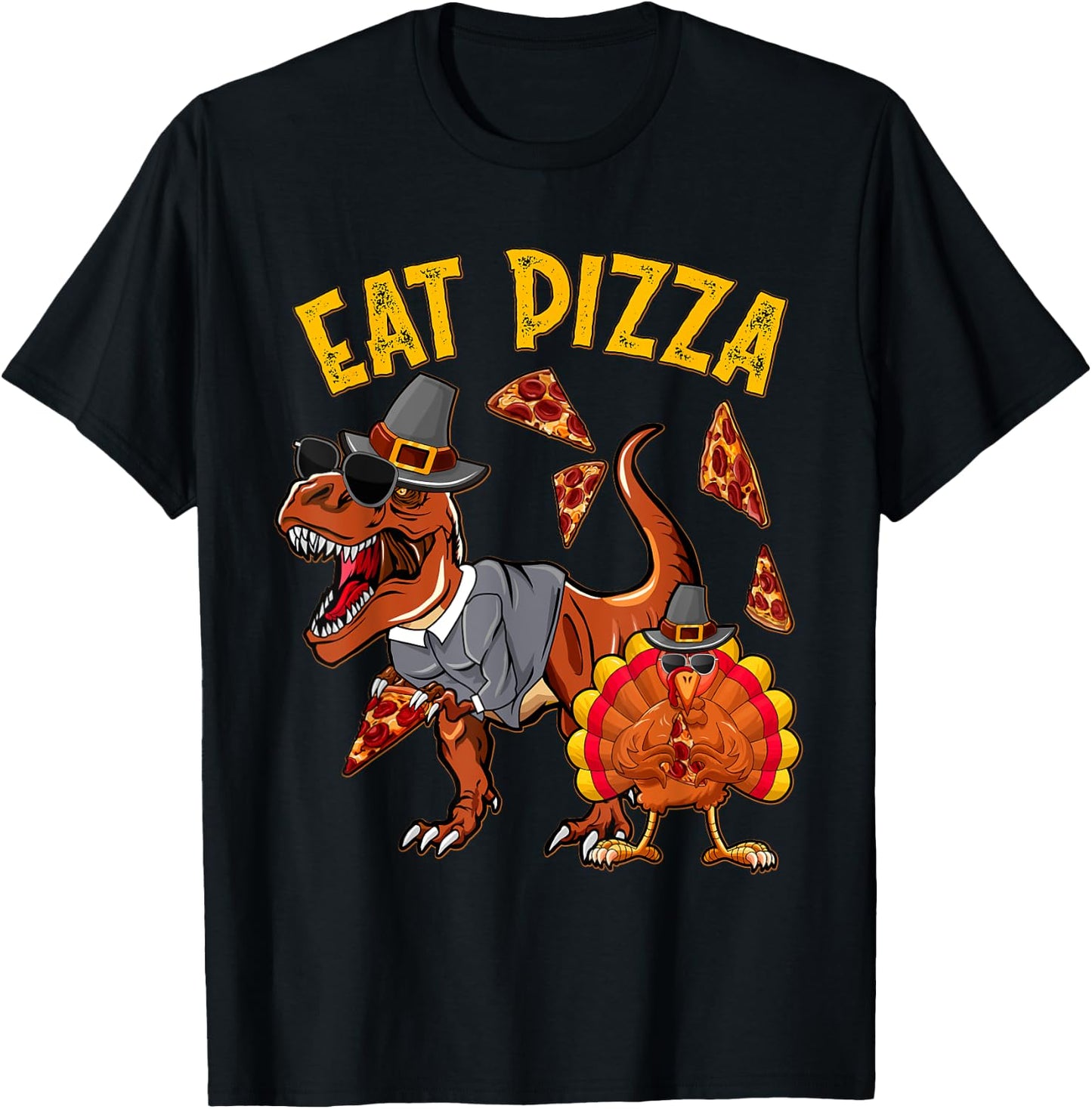 Eat Pizza Funny Turkey T Rex Youth Thanksgiving Boys Toddler T-Shirt - T-Shirt | Black