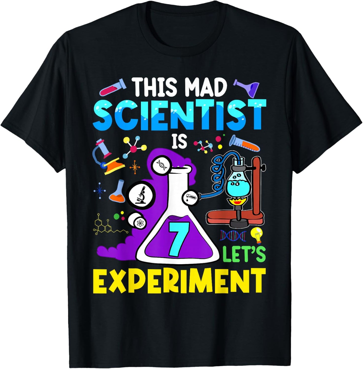 7 Year Old Science Theme Party 7th Birthday Let's Experiment T-Shirt - T-Shirt | Black