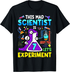 7 Year Old Science Theme Party 7th Birthday Let's Experiment T-Shirt - T-Shirt | Black