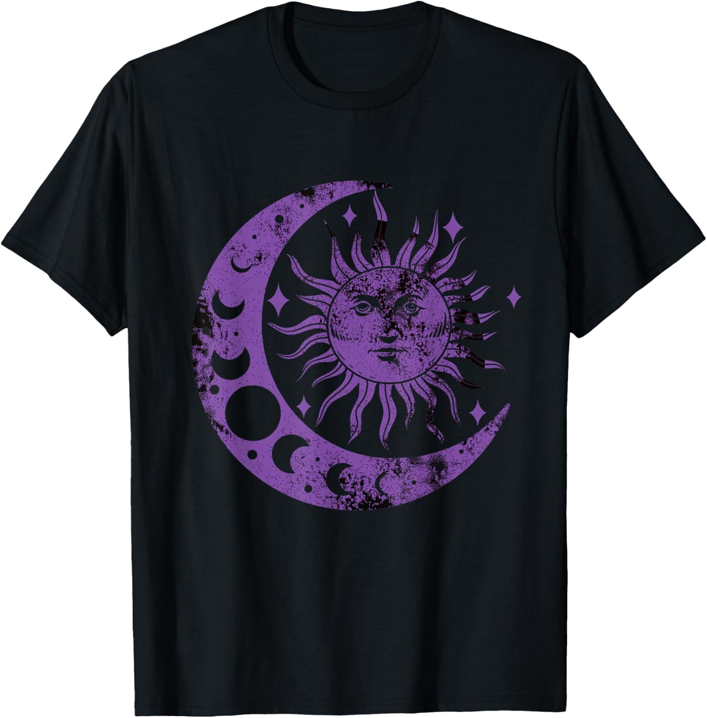 Meditation Yin Yang Sun Moon Distressed Purple T-Shirt - T-Shirt | Black