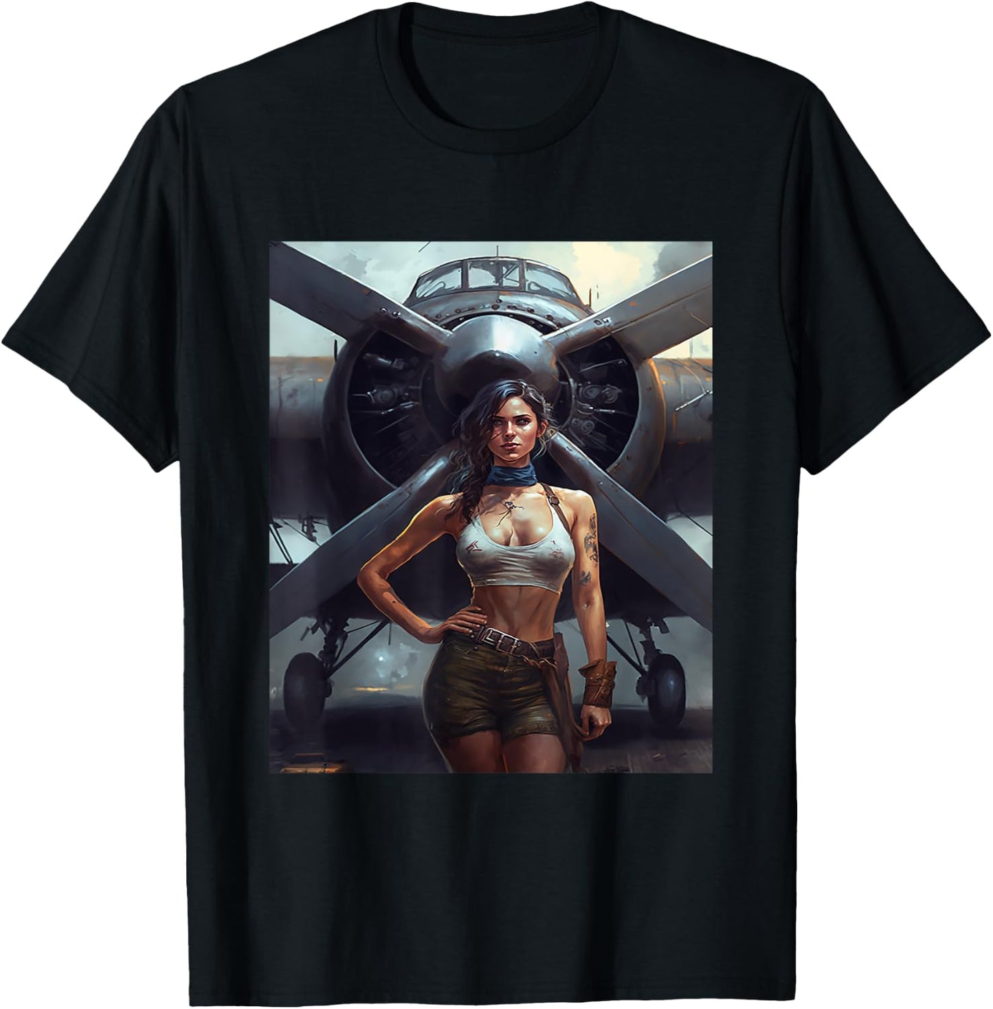 Strong Military Pinup Woman With Tattoos Airplane Retro Art T-Shirt - T-Shirt | Black