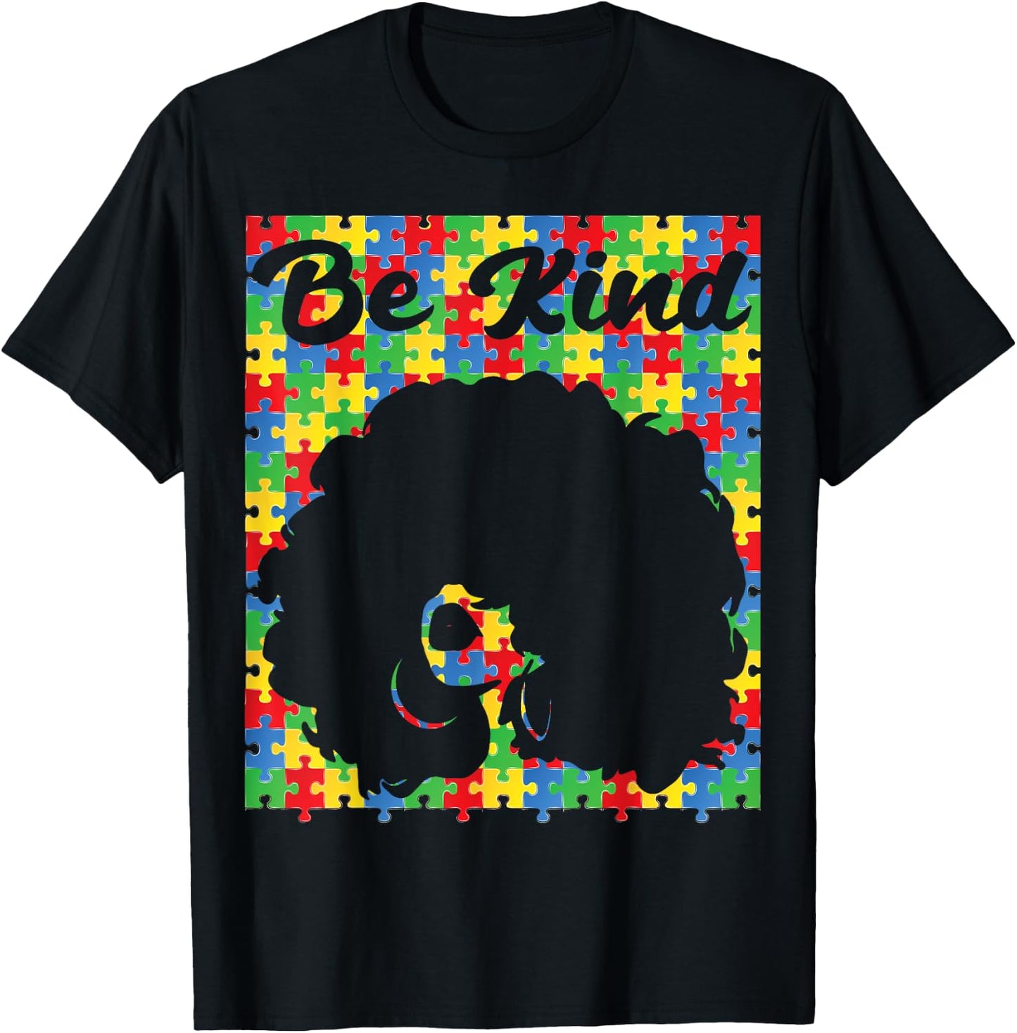 Be Kind Autism Awareness Afro Girl African american puzzle T-Shirt - T-Shirt | Black