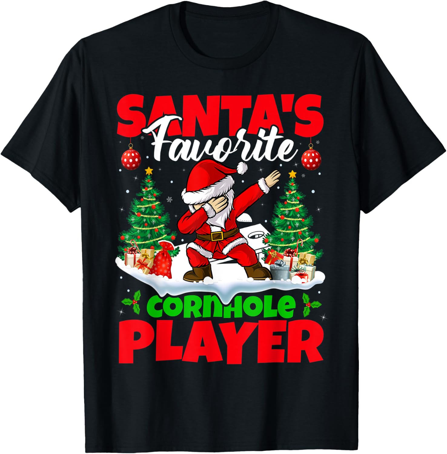 Xmas Dabbing Santa's Favorite Cornhole Player Christmas T-Shirt - T-Shirt | Black