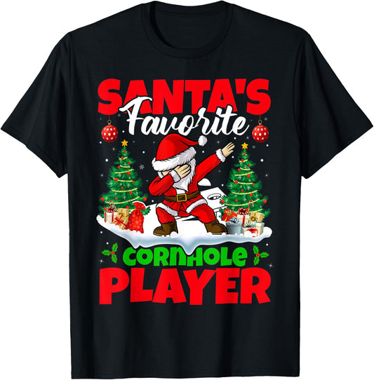 Xmas Dabbing Santa's Favorite Cornhole Player Christmas T-Shirt - T-Shirt | Black
