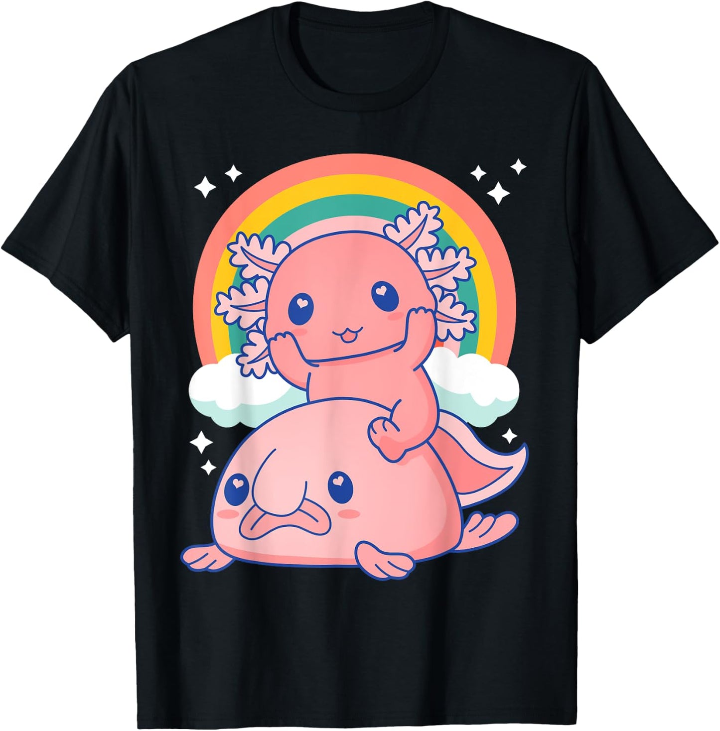 Cute Kawaii Pink Axolotl Riding a Blob Fish T-Shirt - T-Shirt | Black