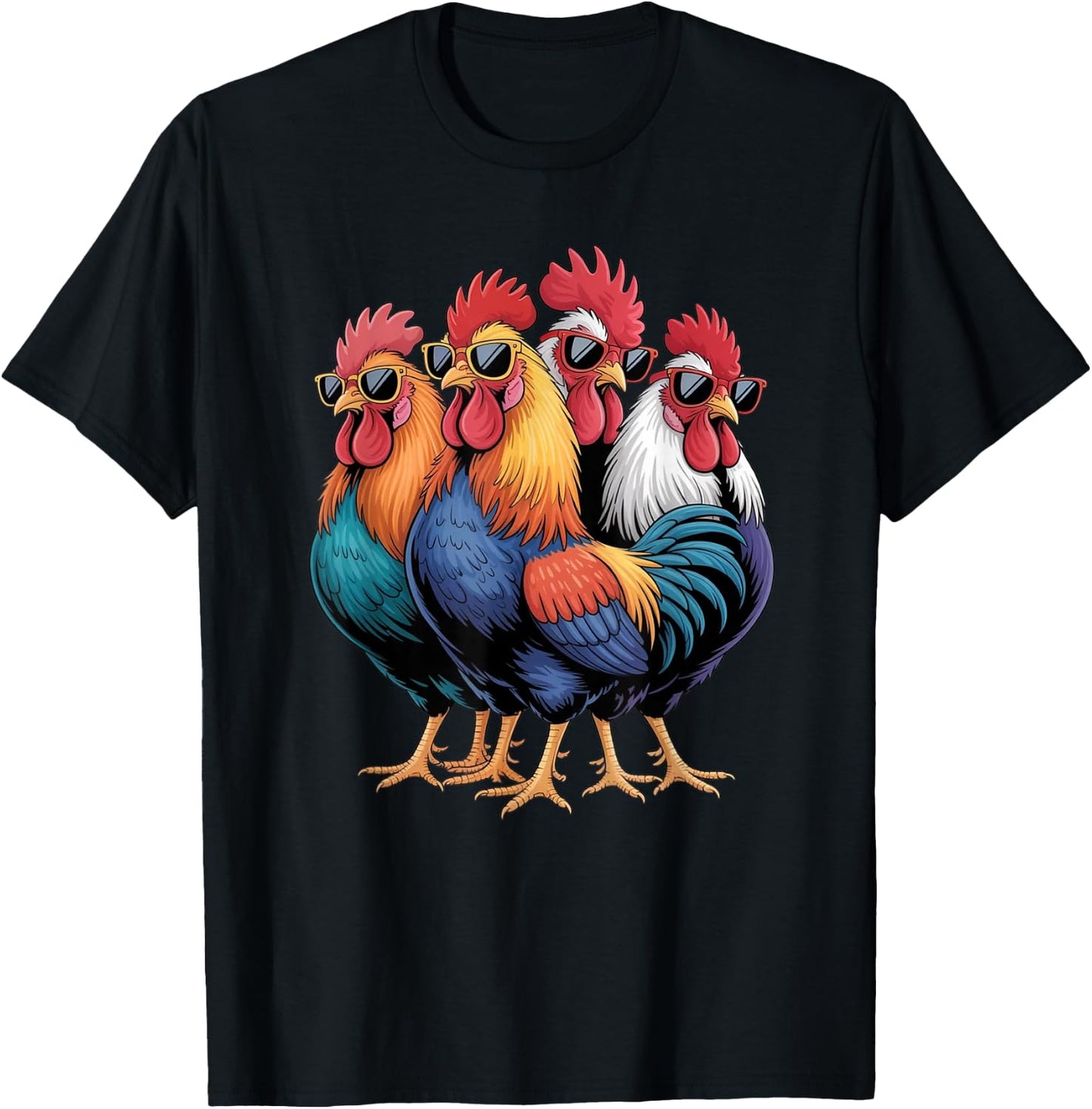 Cool Roosters with Sunglasses Colorful Chicken Farm Humour T-Shirt - T-Shirt | Black
