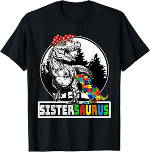 Sistersaurus T rex Dinosaur Sister Saurus Autism Awareness T-Shirt - T-Shirt | Black