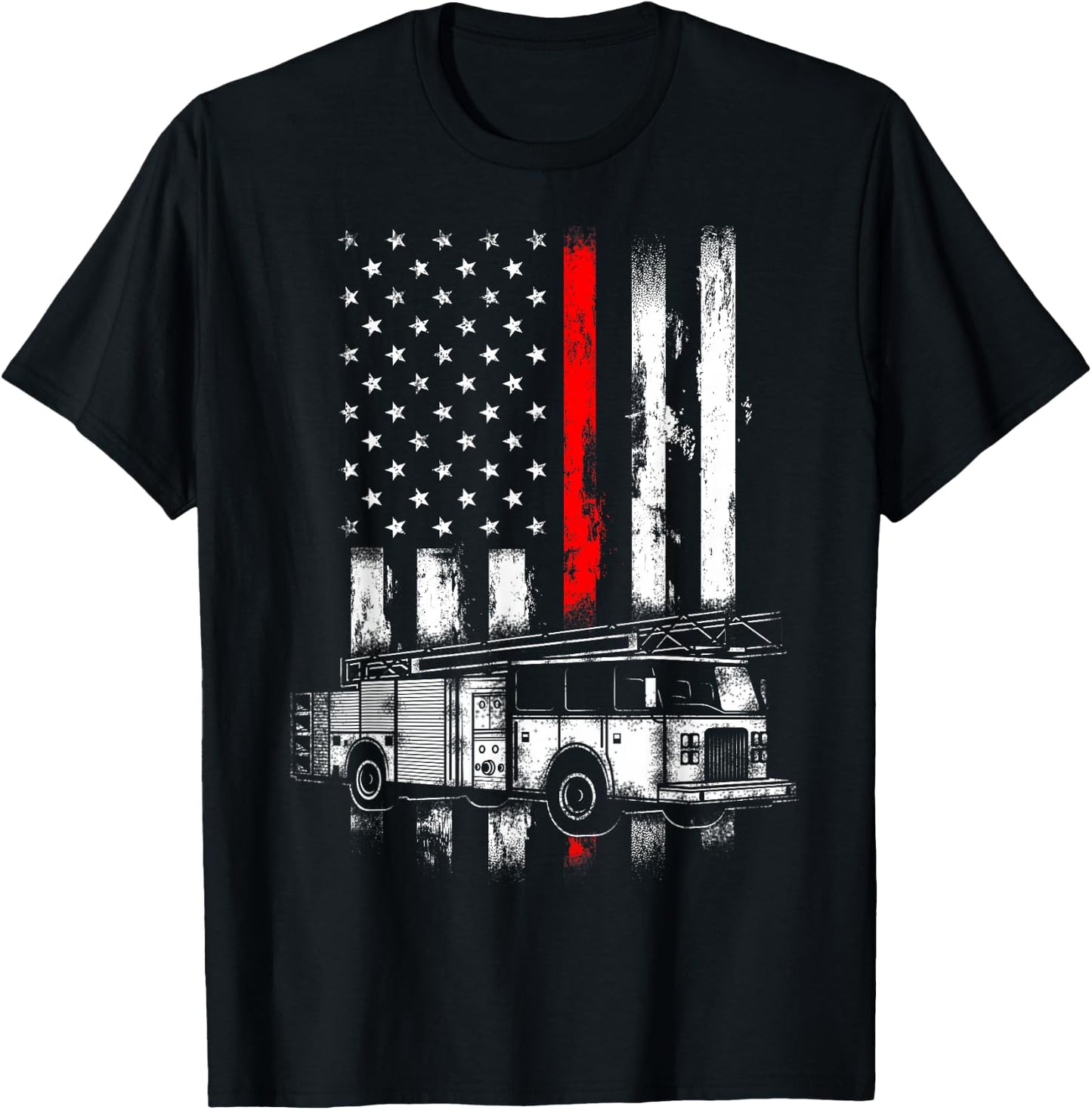 Fireman Truck Distressed Firefighter American flag T-Shirt - T-Shirt | Black