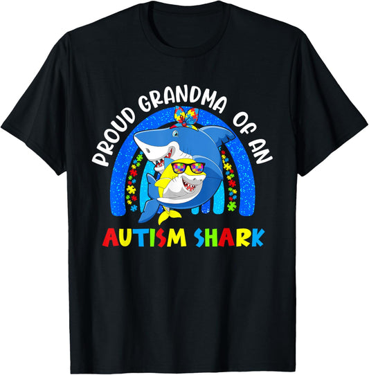 Proud Grandma Of Autism Shark Puzzle Piece Rainbow Awareness T-Shirt - T-Shirt | Black