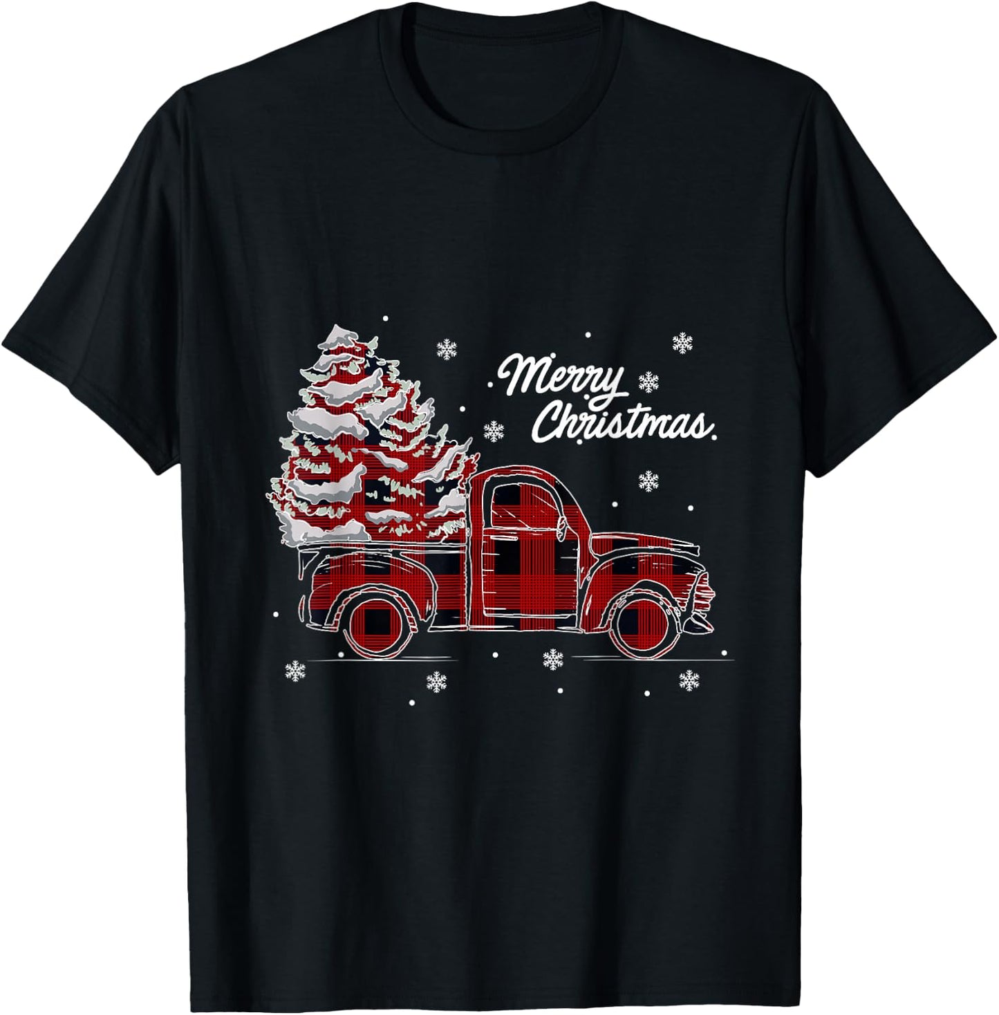 Red Truck Buffalo Plaid Vintage Merry Christmas T-Shirt - T-Shirt | Black