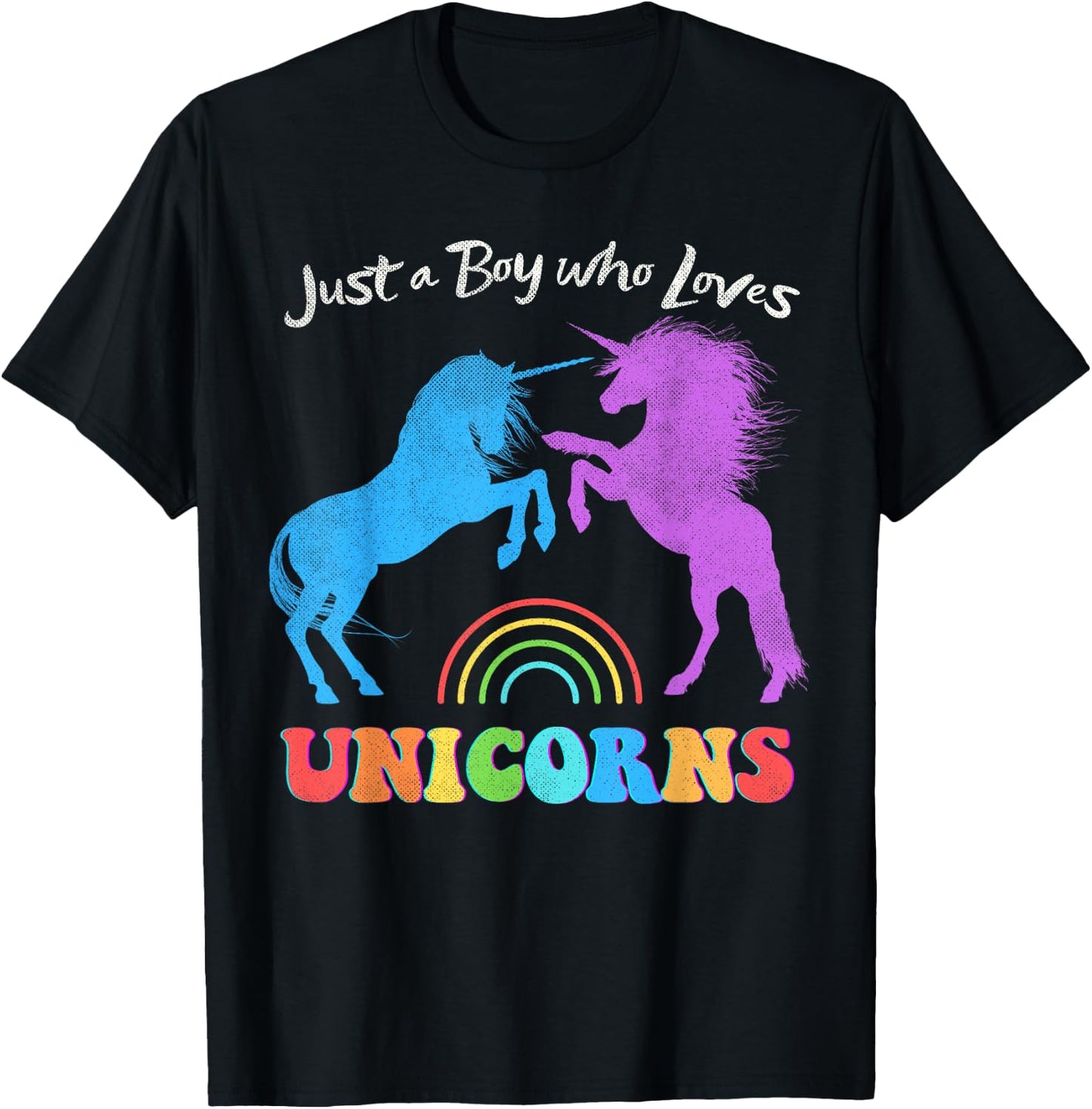 Funny Just a Boy who Loves Unicorns Retro Rainbow Distressed T-Shirt - T-Shirt | Black