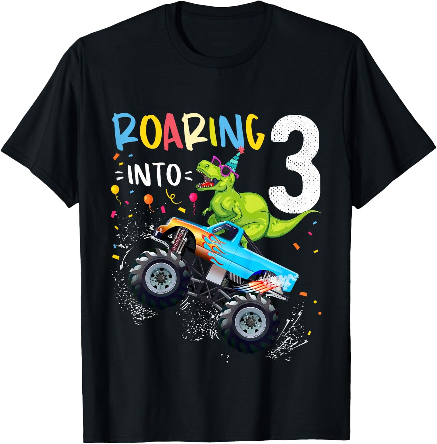 3rd Birthday T Rex Dinosaur Monster Truck Boys and Girls T-Shirt - T-Shirt | Black
