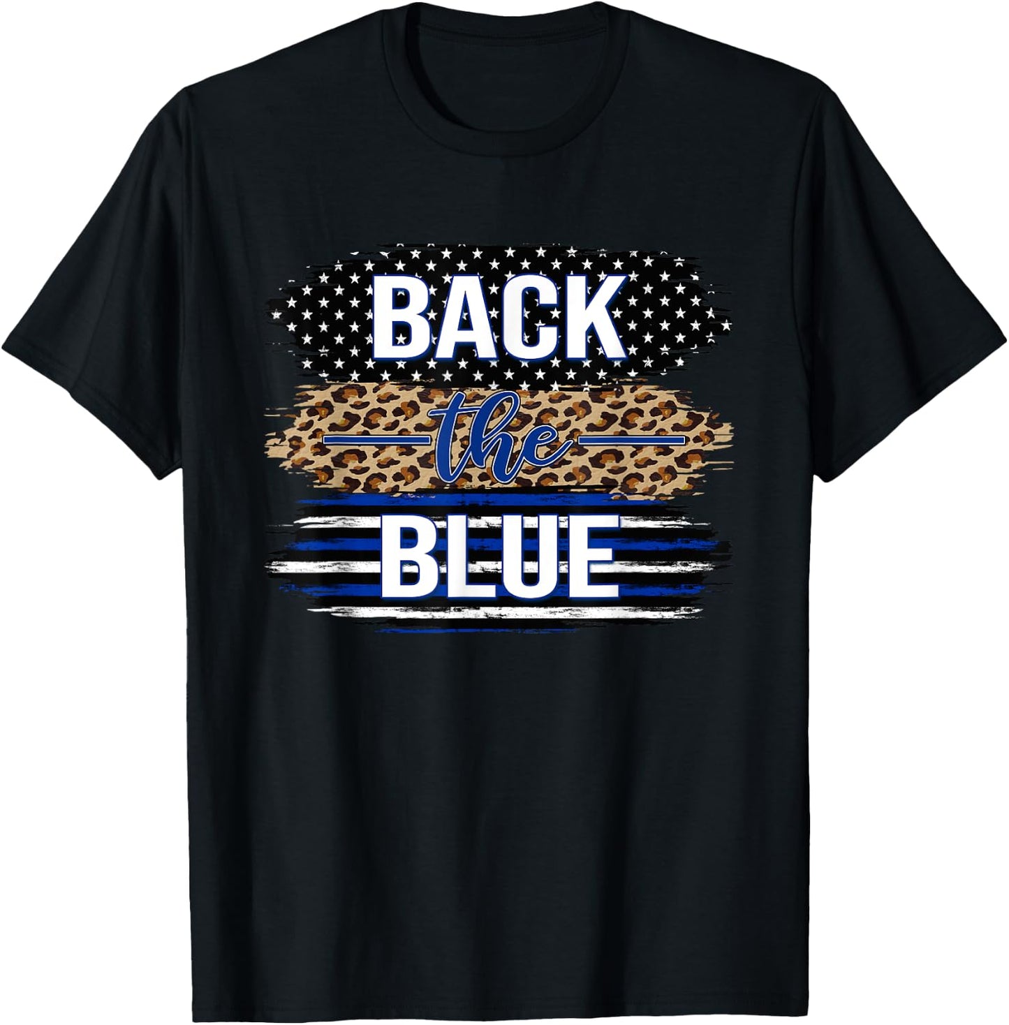 Back The Blue Women's Leopard Support Police Stars Stripes T-Shirt - T-Shirt | Black