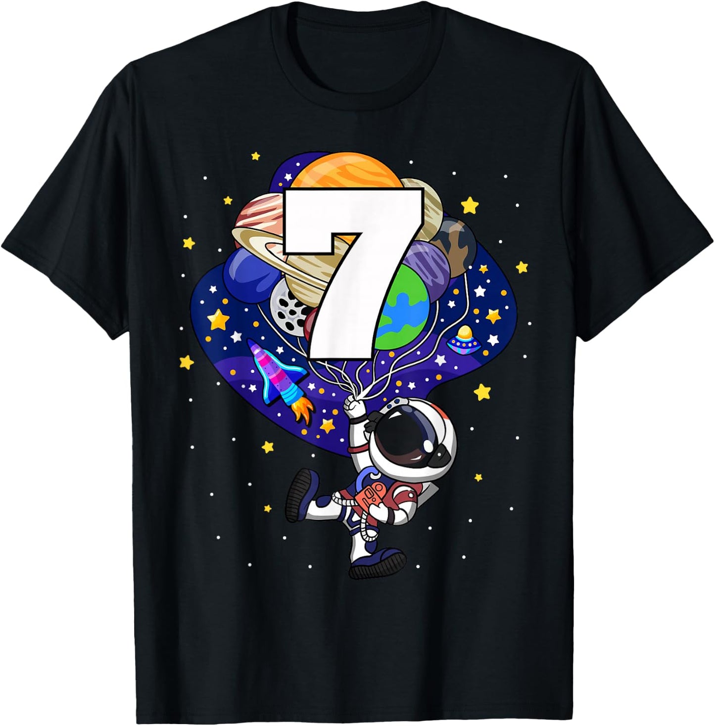 Space Astronaut 7th Birthday Boy Number 7 Seven Year Old T-Shirt - T-Shirt | Black