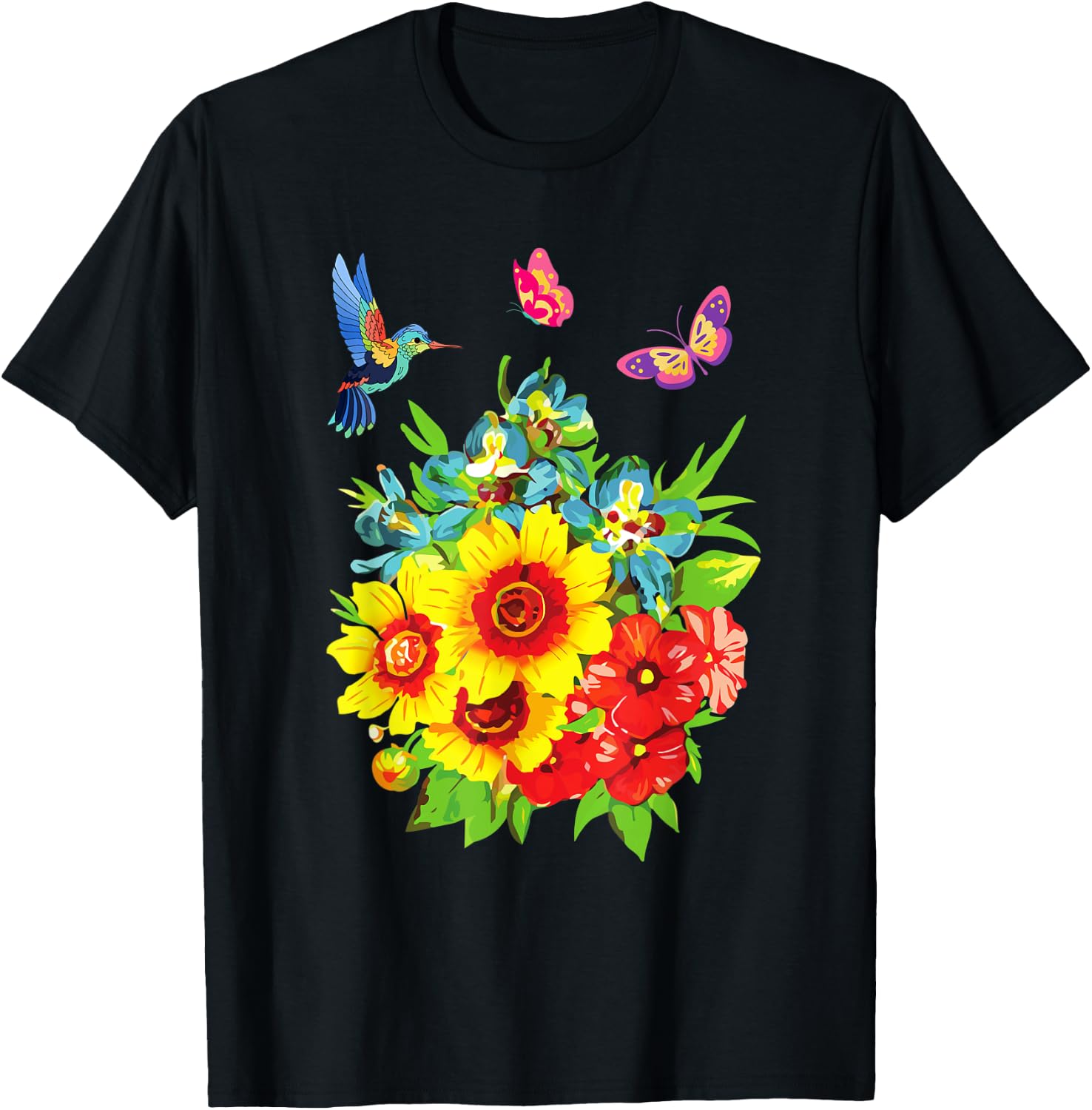 Hummingbird Flower Butterfly Design T-Shirt - T-Shirt | Black