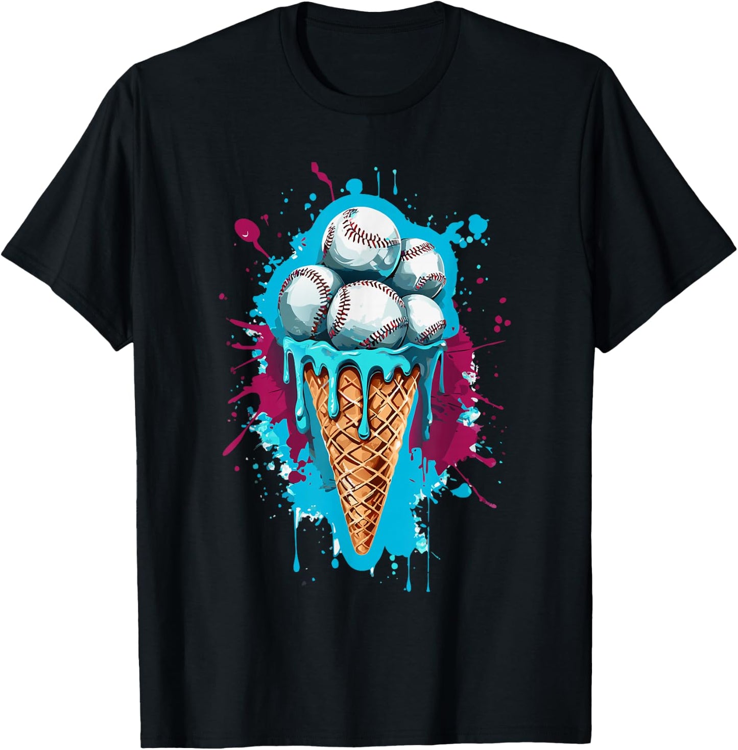Baseball Ice Cream Watercolor T-Shirt - T-Shirt | Black