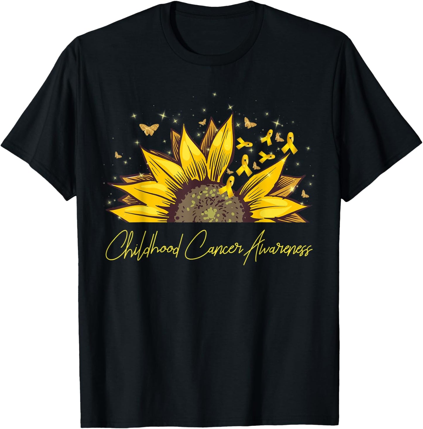 Gold Ribbon Sunflower Childhood Cancer Awareness Support T-Shirt - T-Shirt | Black