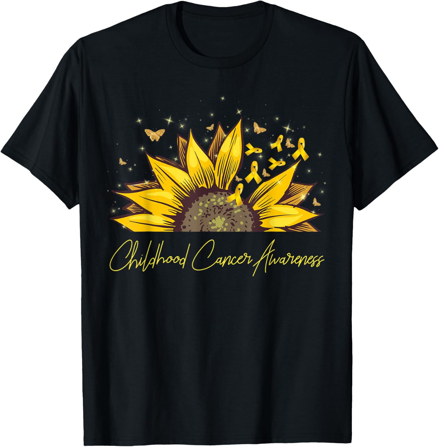 Gold Ribbon Sunflower Childhood Cancer Awareness Support T-Shirt - T-Shirt | Black
