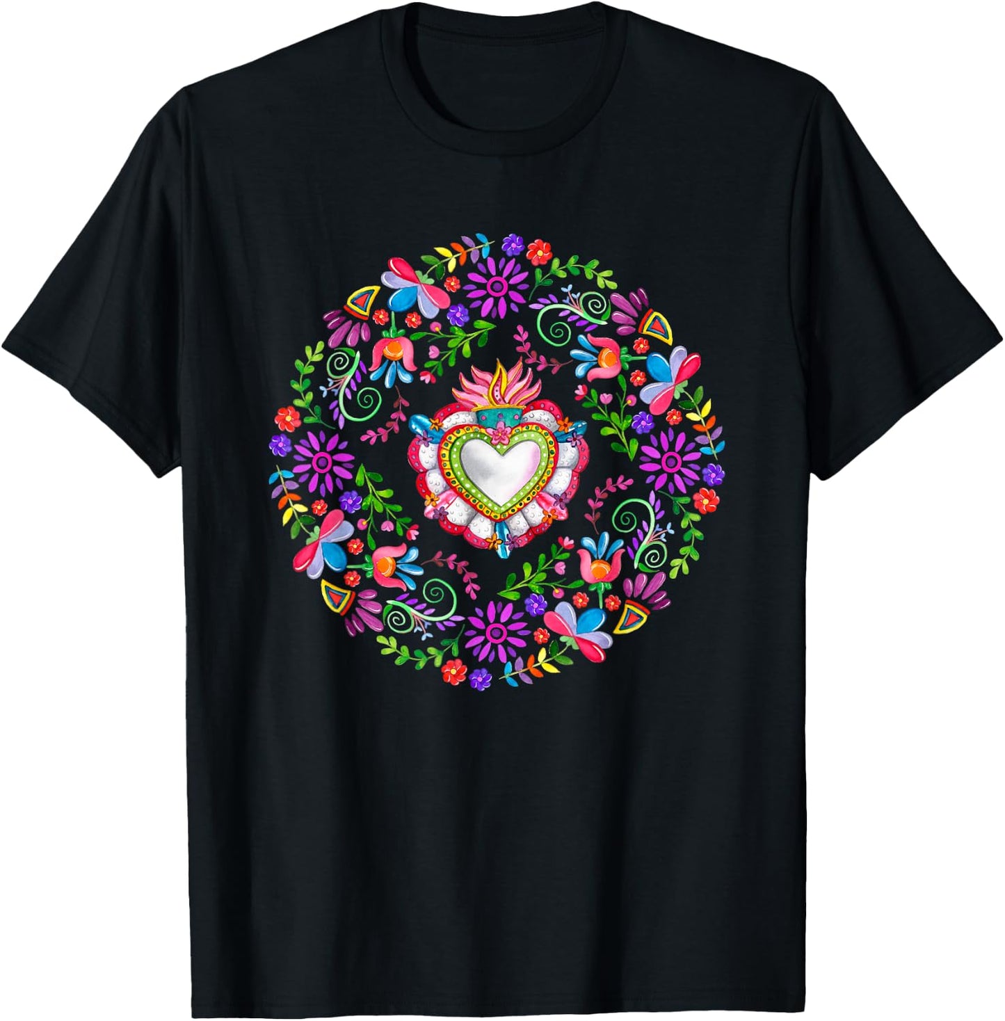 Colourful Floral Embroidery Heart Pattern Mexican Otomi T-Shirt - T-Shirt | Black