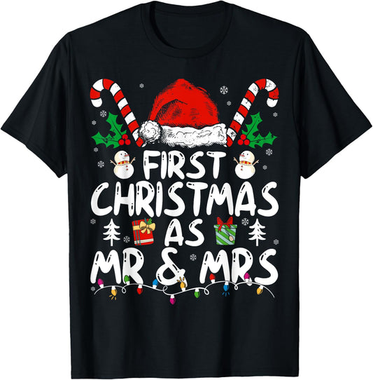 First Christmas As Mr and Mrs Just Married Couples Matching T-Shirt - T-Shirt | Black