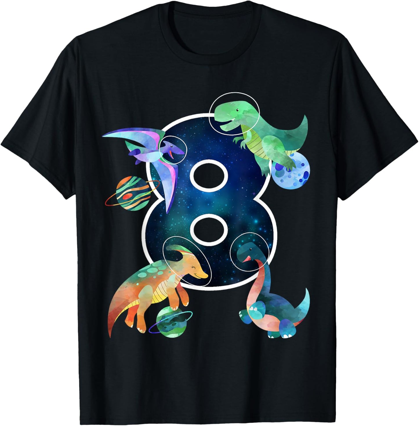 Kids Astronaut Outer Space Dinosaurs 8th Birthday Boy Gift T-Shirt - T-Shirt | Black
