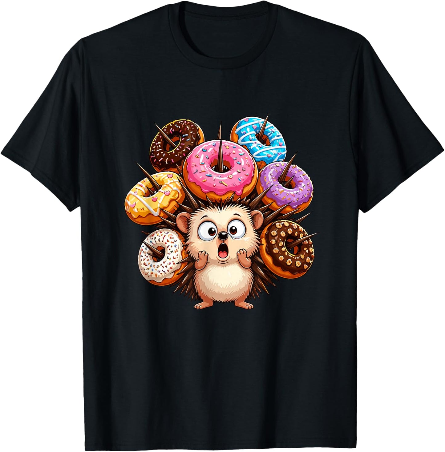 Adorable Hedgehog Surrounded By Colorful Donuts T-Shirt - T-Shirt | Black