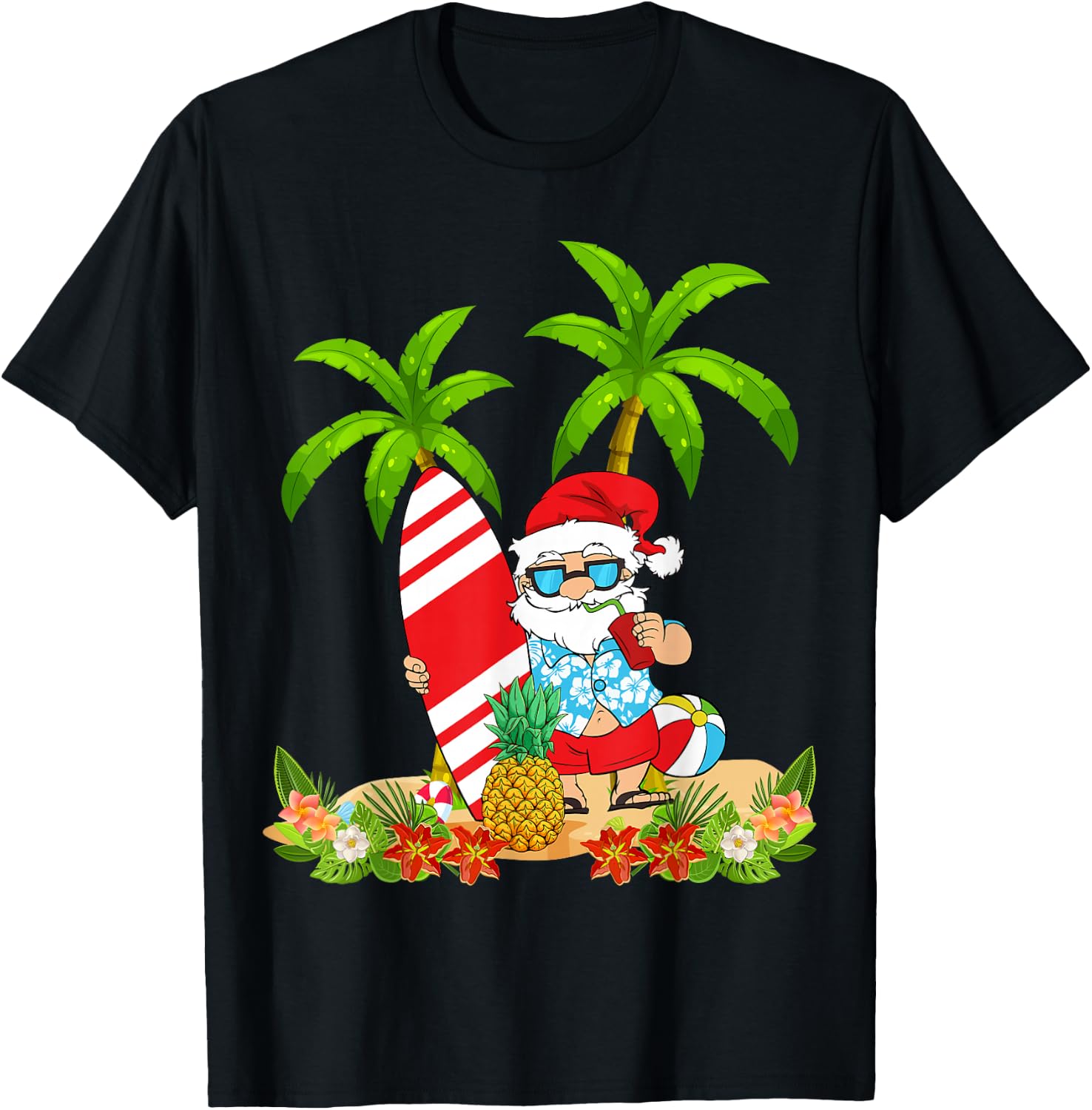 Santa Summer Surfing Christmas In July Beach Vacation T-Shirt - T-Shirt | Black