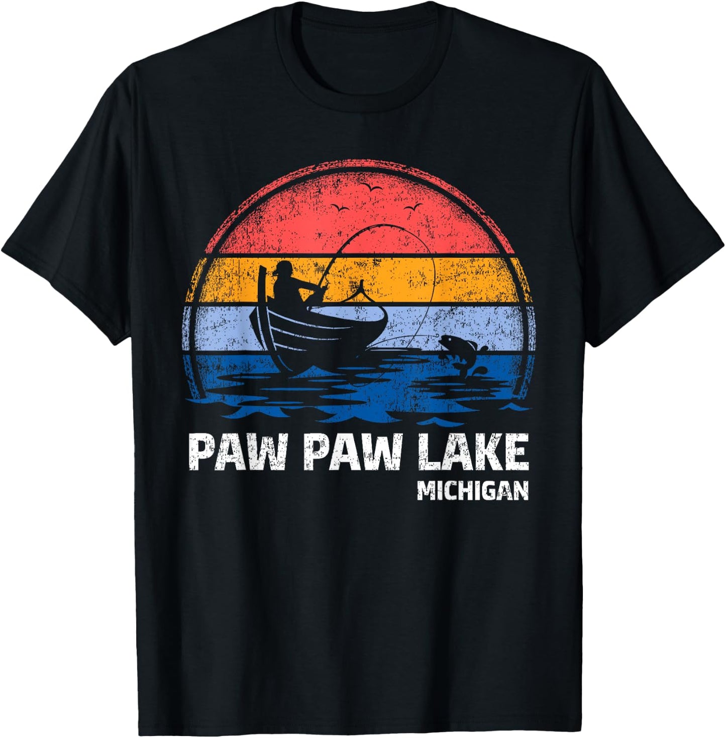Vintage Retro Michigan Paw Paw Lake Summer Fishing Women Girls Kids T-Shirt - T-Shirt | Black