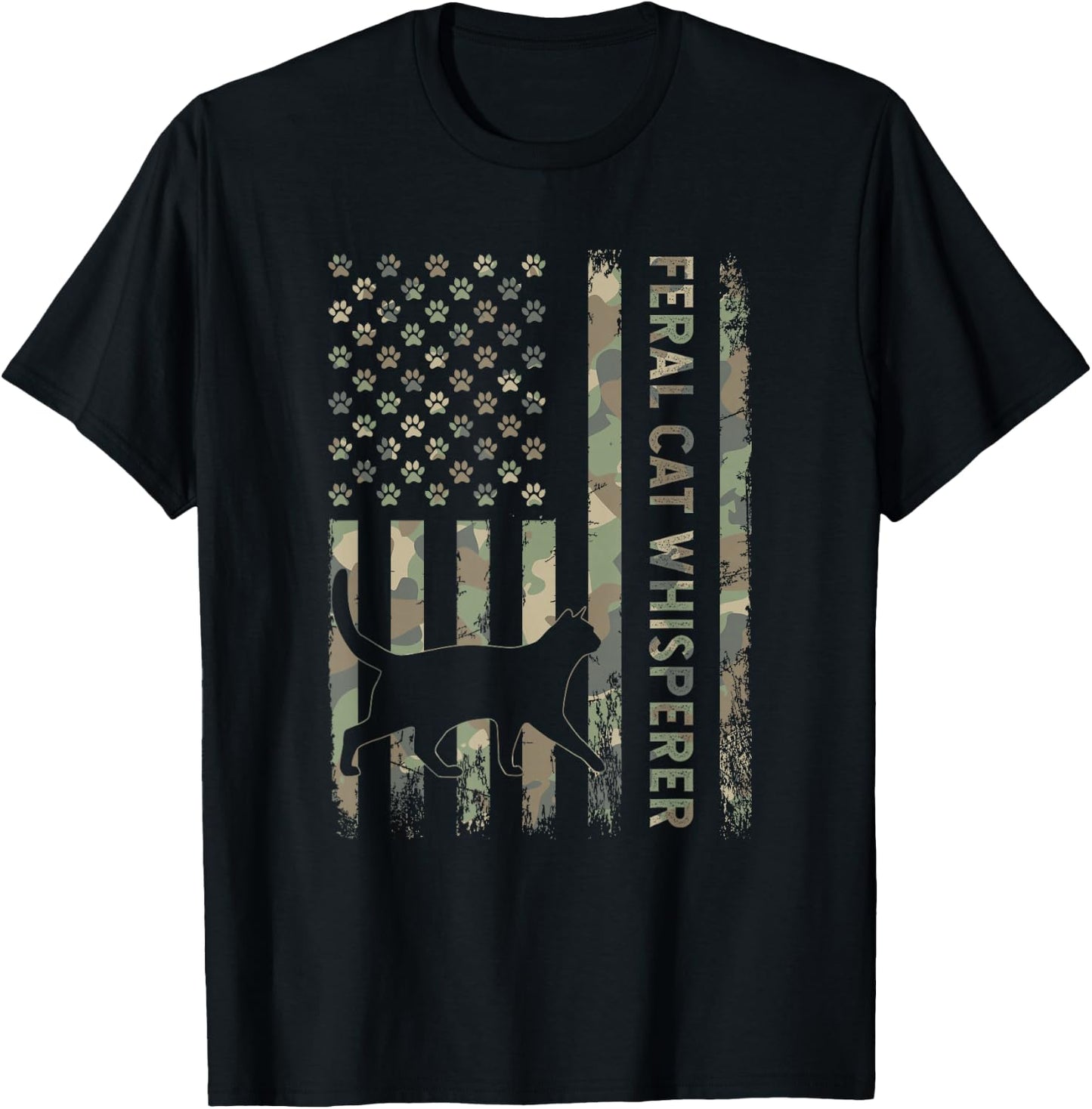 Feral Cat Whisperer Dad Camo USA Flag T-Shirt - T-Shirt | Black
