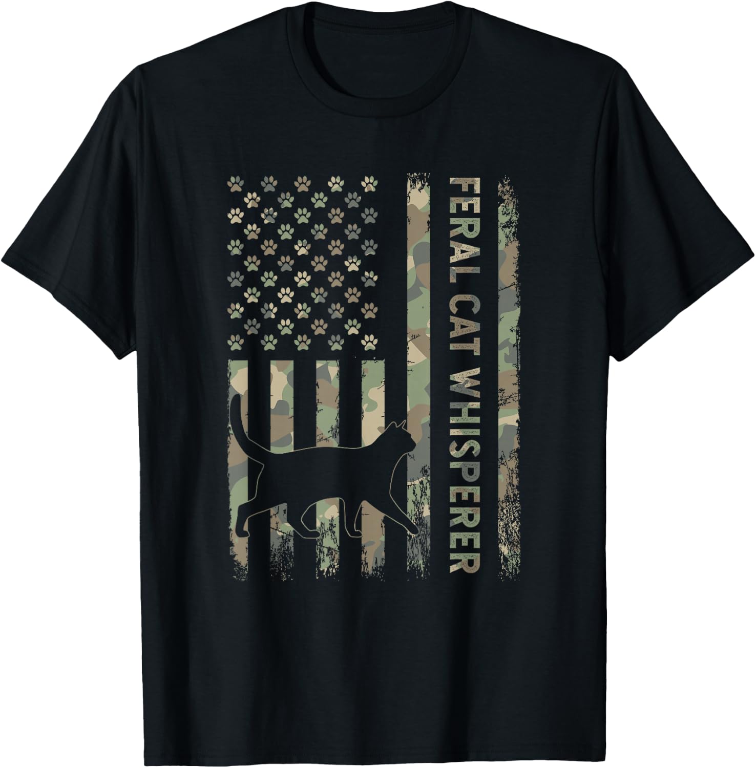 Feral Cat Whisperer Dad Camo USA Flag T-Shirt - T-Shirt | Black