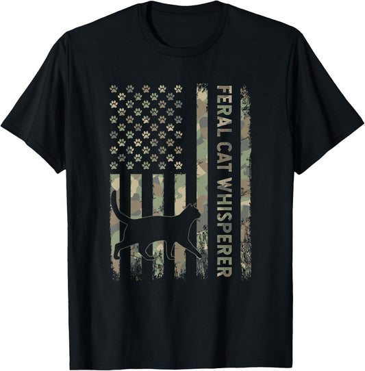Feral Cat Whisperer Dad Camo USA Flag T-Shirt - T-Shirt | Black