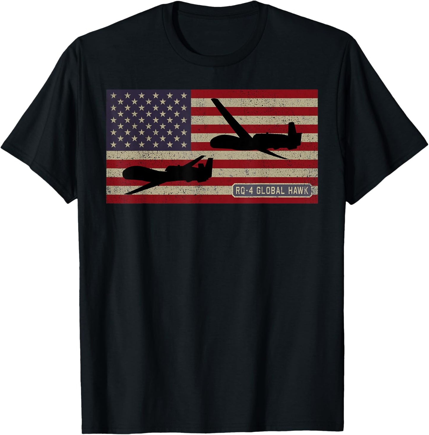 RQ-4 Global Hawk Military UAV Drone American Flag T-Shirt - T-Shirt | Black