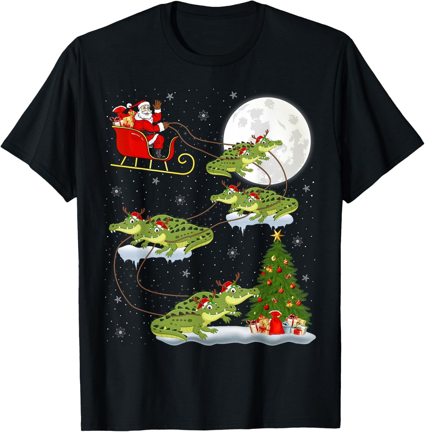 Funny Xmas Lighting Tree Santa Riding Alligator Christmas T-Shirt - T-Shirt | Black
