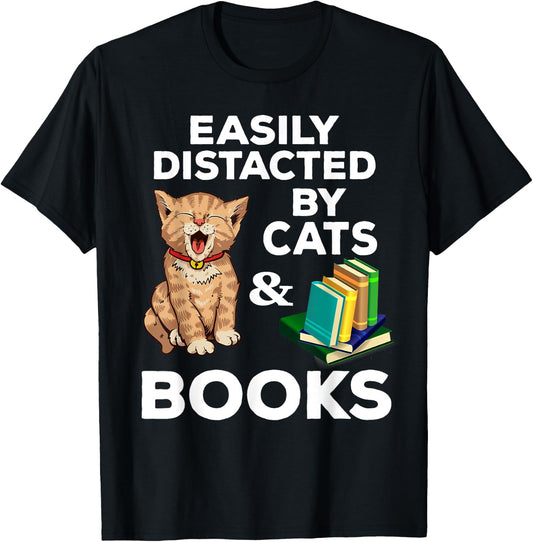 Easily Distracted Cats And Books Funny For Cat Lovers T-Shirt - T-Shirt | Black