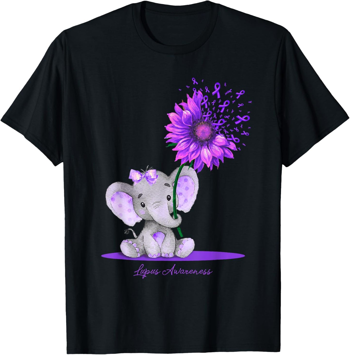 LUPUS AWARENESS Cute Elephant Sunflower Purple Ribbon Gift T-Shirt - T-Shirt | Black
