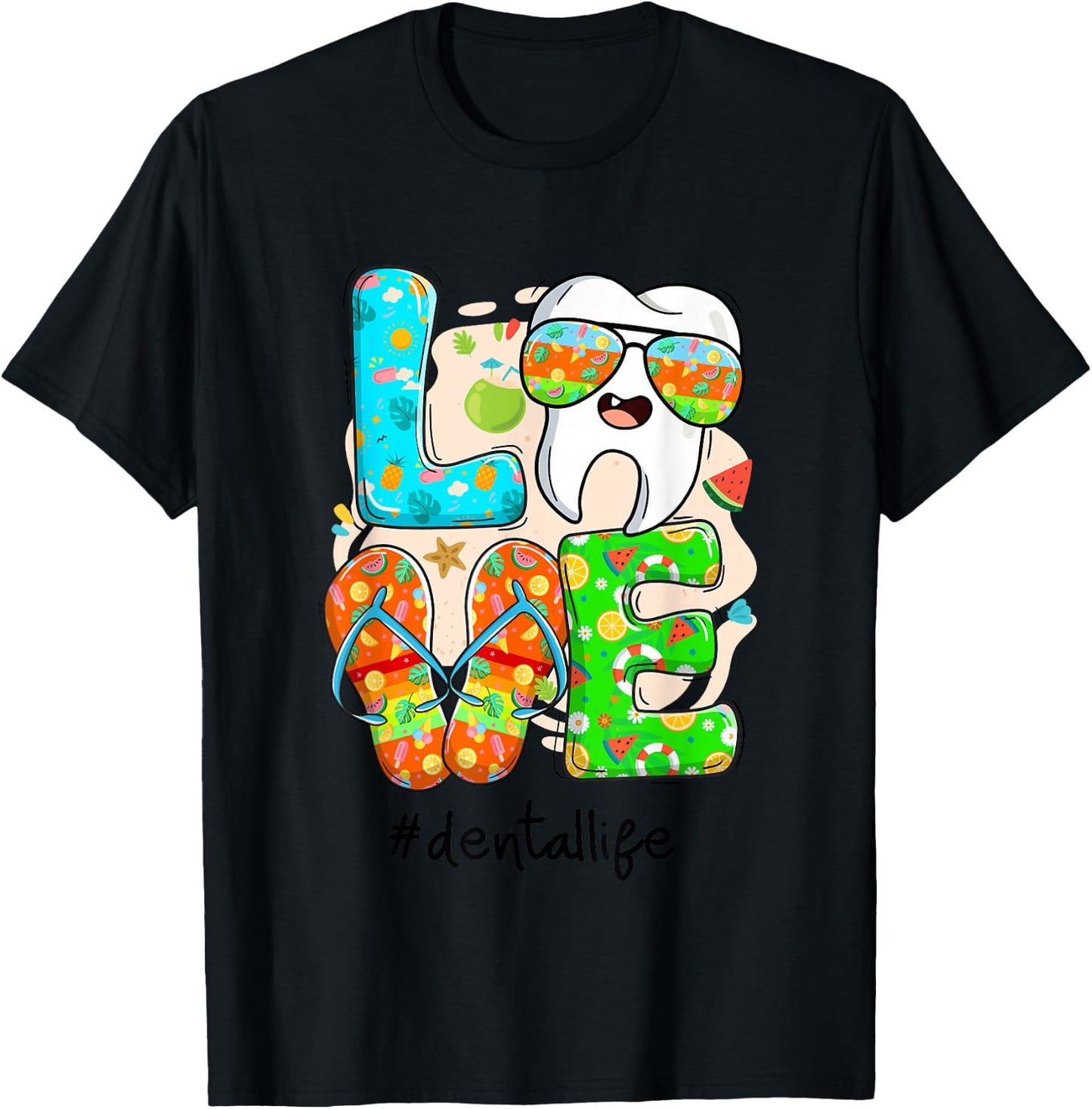LOVE Dental Life Cute Tooth Flip Flops Summer Dentist Gifts T-Shirt - T-Shirt | Black